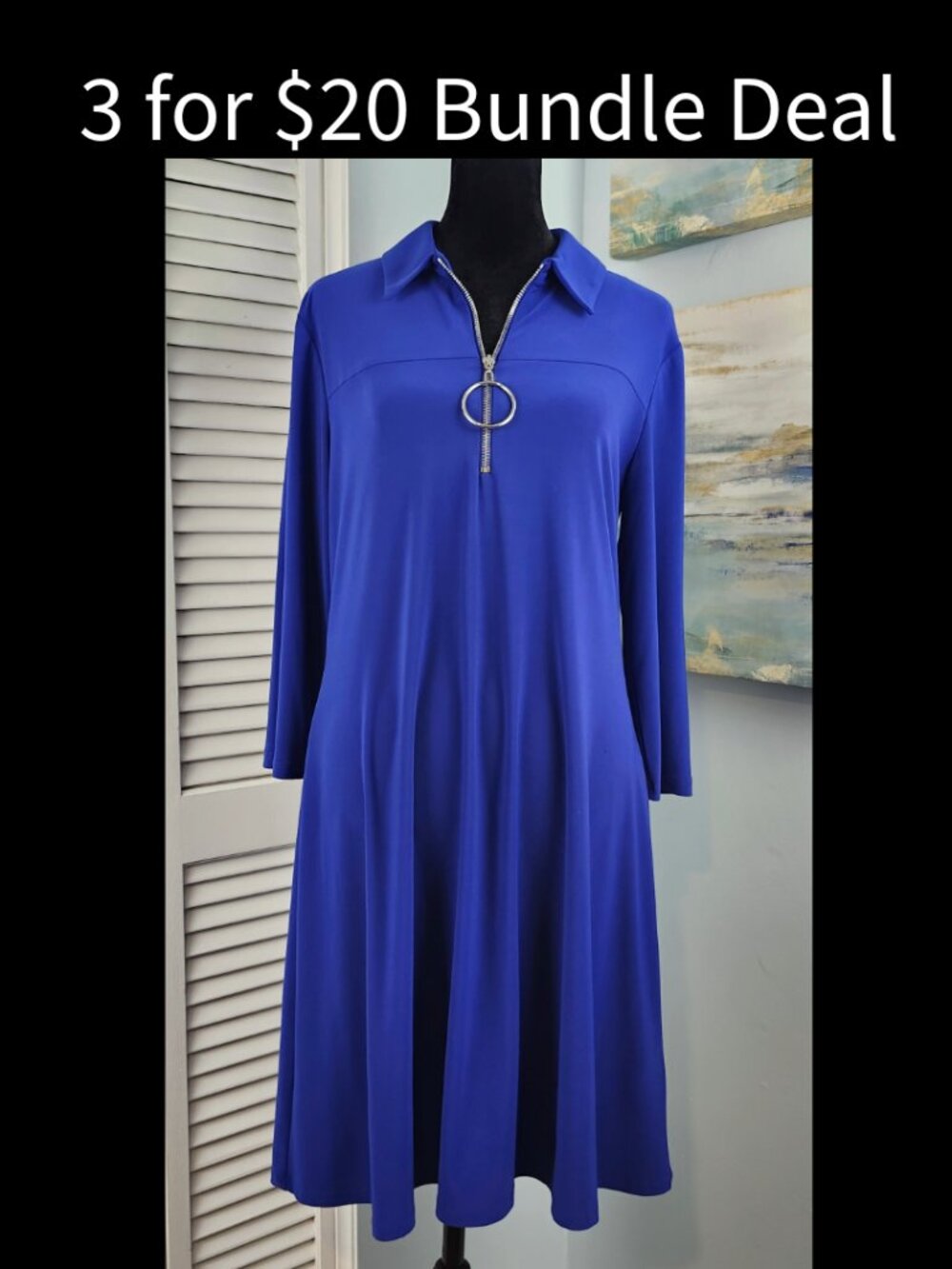 🚨 MSK Blue Dress M 1/4 zip Silver Detail Stretch Jersey Knit Travel